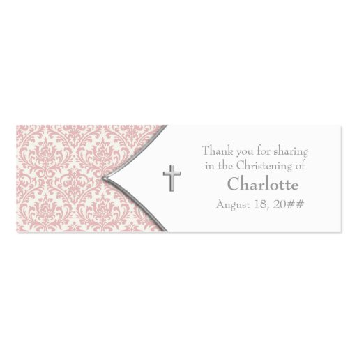 Pink Damask Cross Bomboniere Tags Business Card Template (front side)