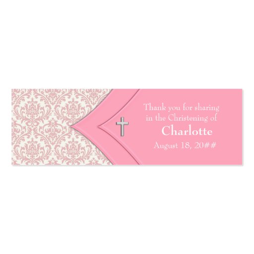 Pink Damask Cross Bomboniere Tags Business Card Templates (front side)