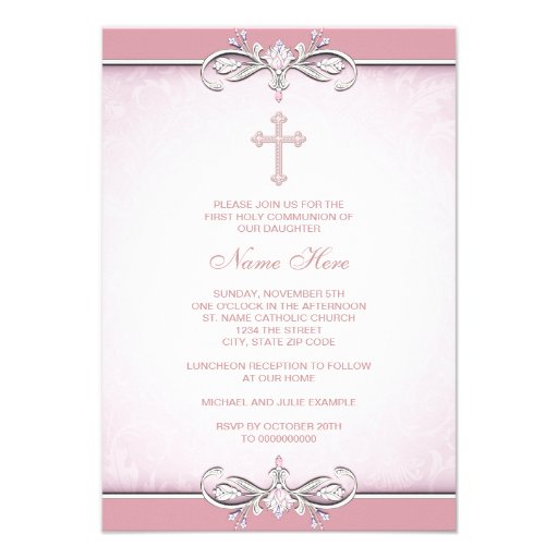 Pink Damask Cross First Communion Announcement (front side)