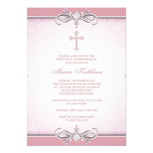 Pink Damask Cross First Communion Personalized Invitation (front side)