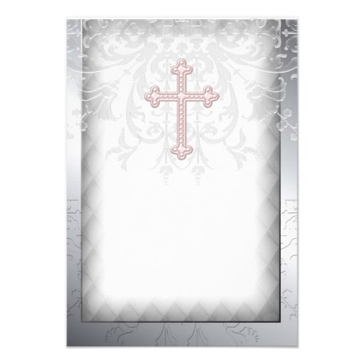 Pink Damask Cross First Communion Personalized Invitations