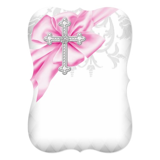 Pink Damask Cross First Communion Personalized Invitations
