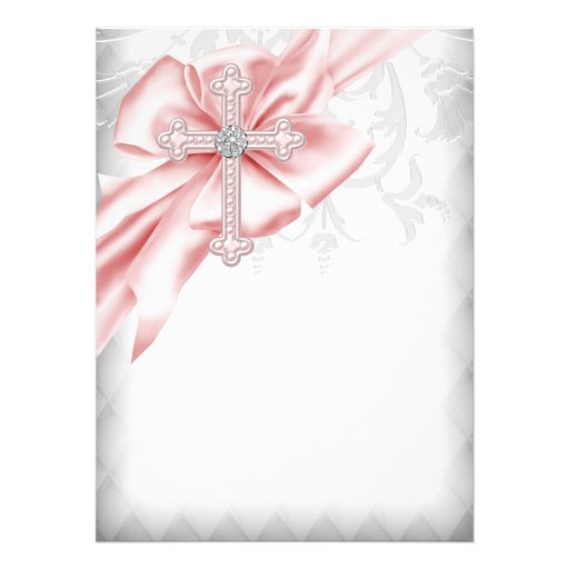 Pink Damask Cross First Communion Custom Invitation