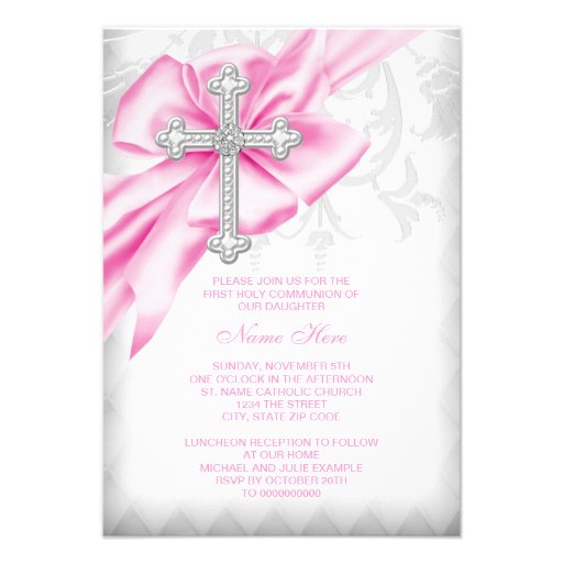 Pink Damask Cross First Communion Personalized Invites (front side)