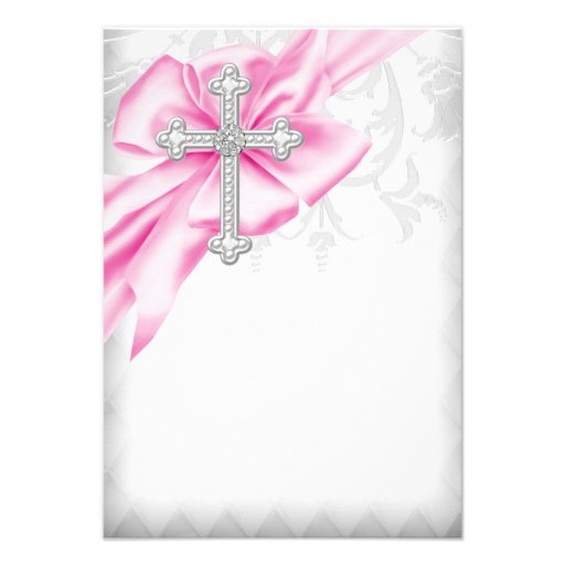 Pink Damask Cross First Communion Personalized Invites