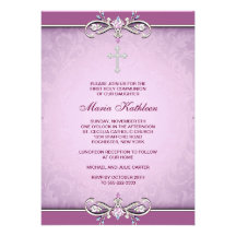 Pink Damask Cross First Communion Invitation