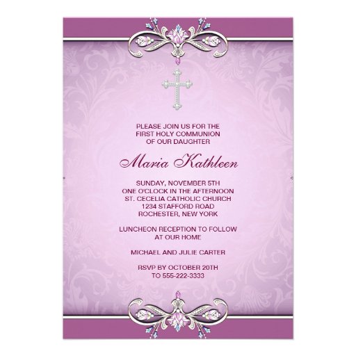 Pink Damask Cross First Communion Invitation