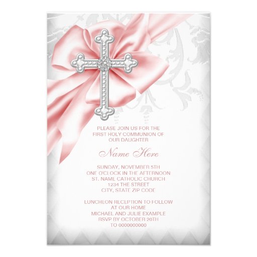 Pink Damask Cross First Communion Invites (front side)