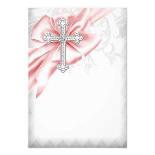 Pink Damask Cross First Communion Invites