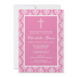 Pink Damask Cross Girl Baptism Christening Invitation