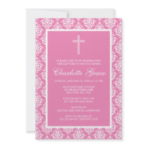 Pink Damask Cross Girl Baptism Christening Invitation