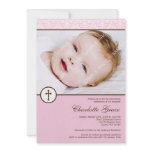Pink Damask Cross Girl Photo Baptism Christening invitations