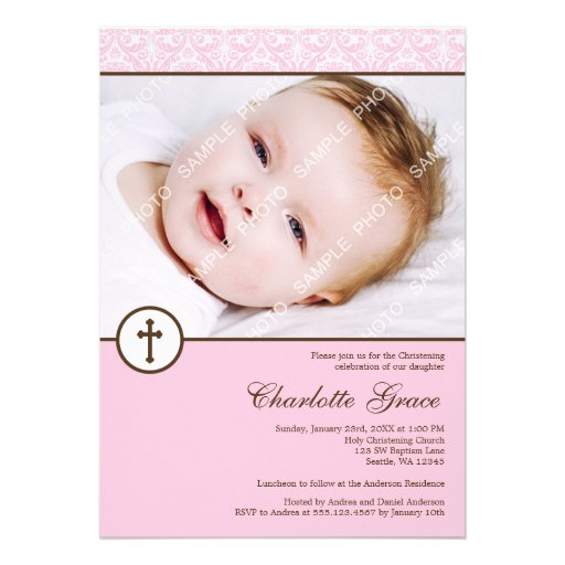 Pink Damask Cross Girl Photo Baptism Christening Personalized Invitations (front side)