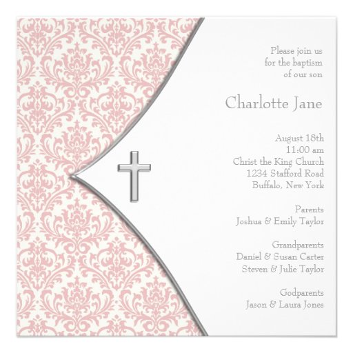 Pink Damask Cross Girls Baptism Christening Personalized Announcements (front side)