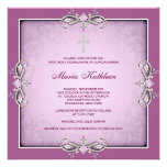 Pink Damask Cross Girls Pink First Communion Personalized Invites