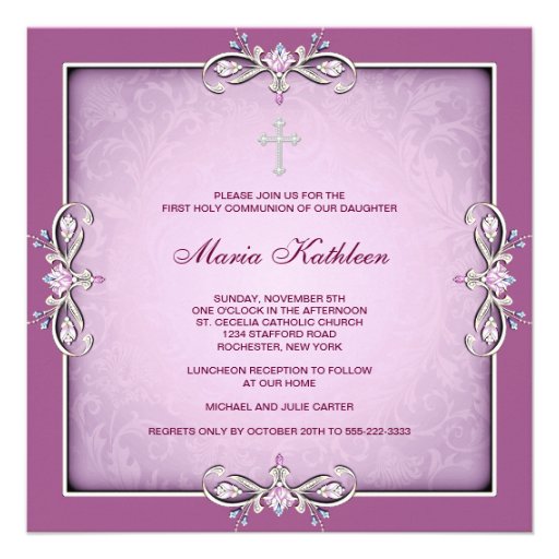 Pink Damask Cross Girls Pink First Communion Personalized Invites