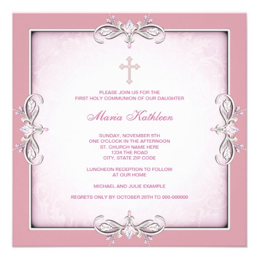 Pink Damask Cross Girls Pink First Communion Custom Invitation