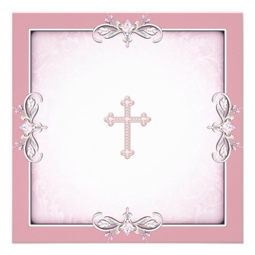 Pink Damask Cross Girls Pink First Communion Custom Invitation