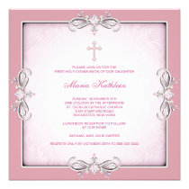 Pink Damask Cross Girls Pink First Communion invitations