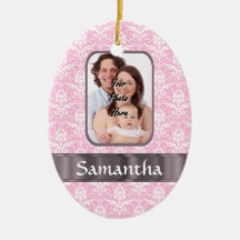 Pink damask custom photo christmas tree ornaments