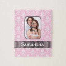 Pink damask custom photo jigsaw puzzles