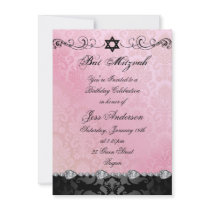 Pink Damask & Diamond Bat Mitzvah Birthday Invite