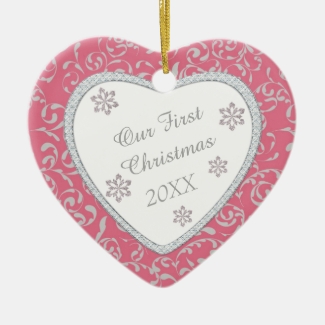 Pink Damask Faux Diamond First Christmas