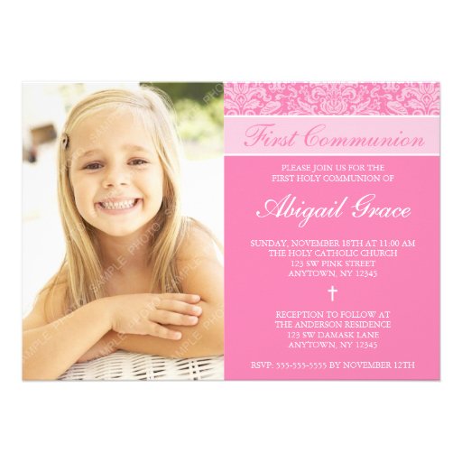 Pink Damask Girl Photo First Communion Invites