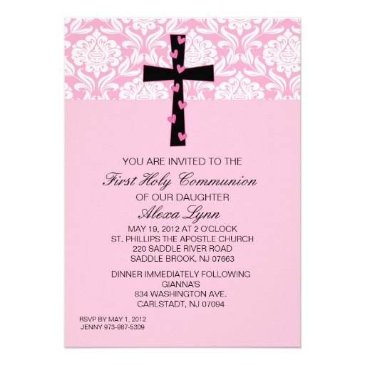 Pink Damask Girls Communion Invitation