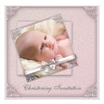 Pink Damask Girls Photo Christening Invitations