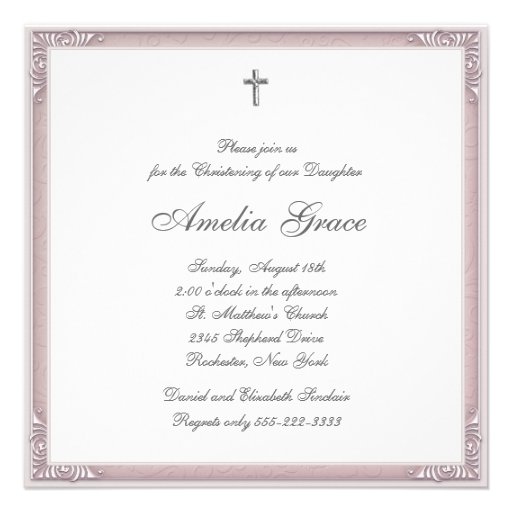 Pink Damask Girls Photo Christening Invitations