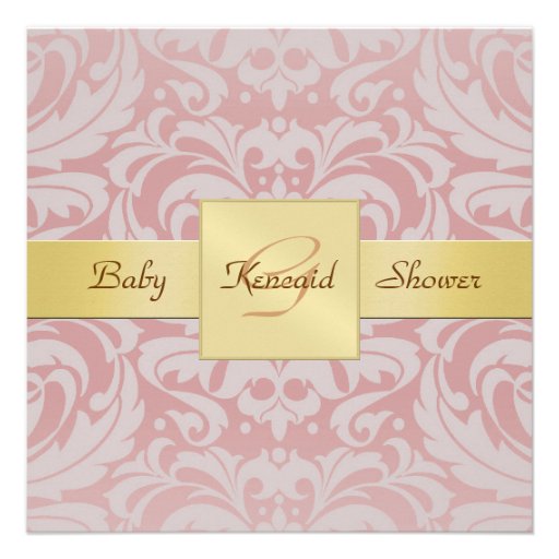 Pink Damask Gold Ribbon Baby Shower Invitation