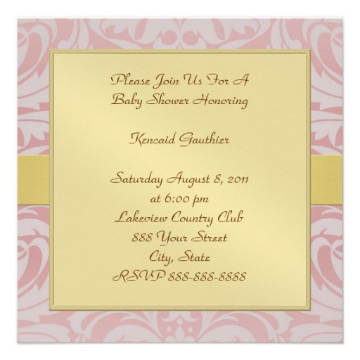 Pink Damask Gold Ribbon Baby Shower Invitation