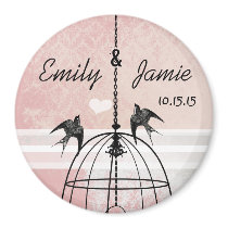 Pink Damask & Gray Bird Cage Wedding Refrigerator Magnets