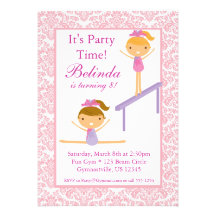 Pink Damask Gymnast Birthday Party Invitation