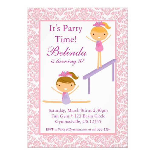 Pink Damask Gymnast Birthday Party Invitation