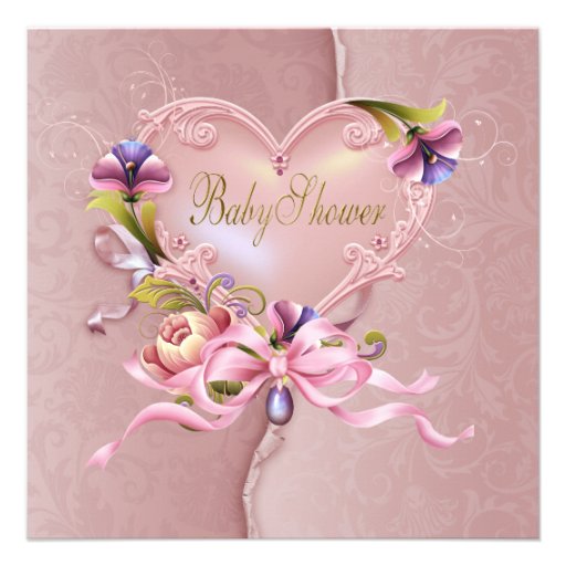 Pink Damask Heart Baby Girl Shower Invitations