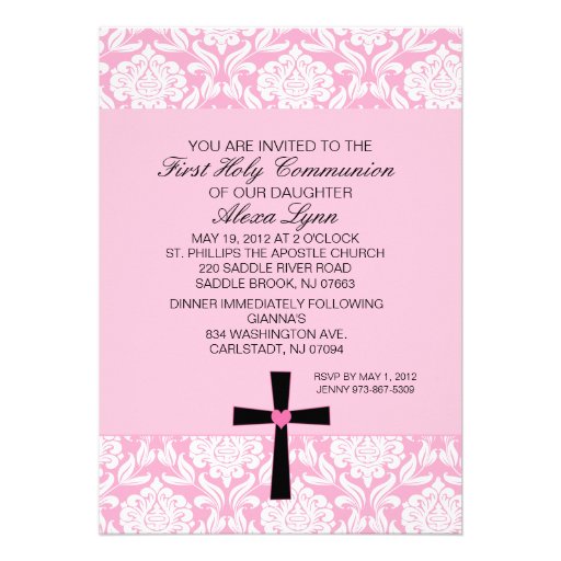 Pink Damask Heart Communion Invitation
