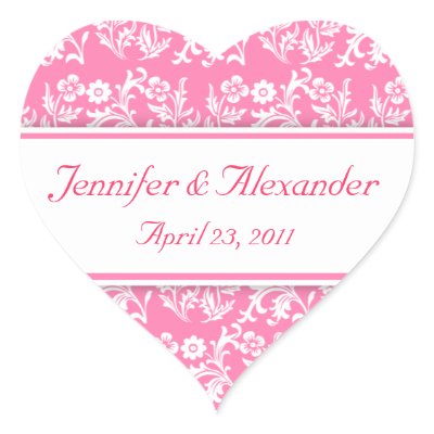 Pink Damask Heart Wedding Invitation Seals Stickers by csinvitations
