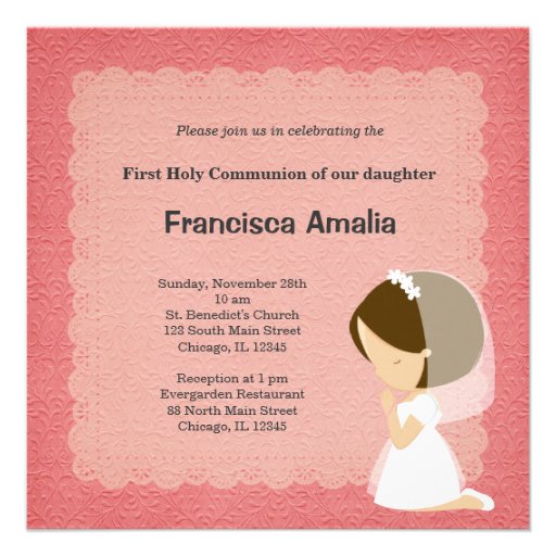 Pink Damask Holy Communion girl Personalized Invite