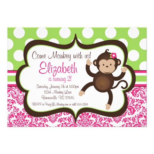 Pink Damask Mod Monkey Girl Birthday Party Invite