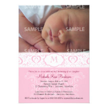 Pink Damask Monogram Baptism/Christening Custom Announcement