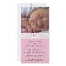 Pink Damask Monogram Baptism/Christening Personalized Photo Card