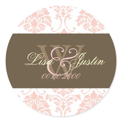 Pink Damask monogram wedding stickers