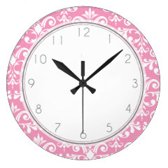 Pink Damask Pattern Pattern Wall Clocks