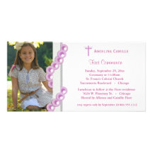 Pink Damask Pearls First Communion Photo Invite Photo Cards