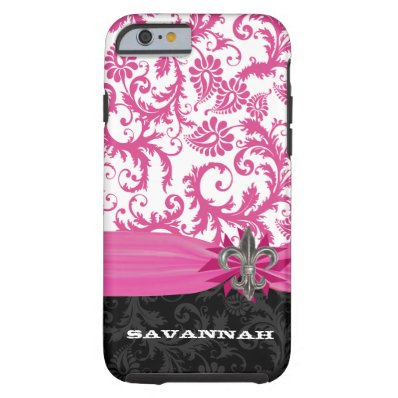 Pink Damask Personalized Printed Fleur de lis Tough iPhone 6 Case