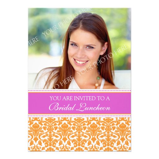 Pink Damask Photo Bridal Luncheon Invitation Cards