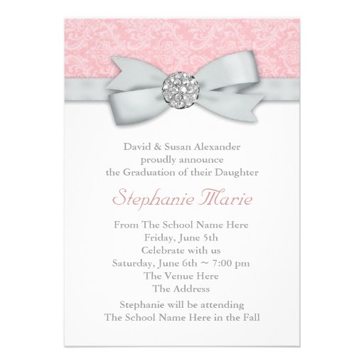 Pink Damask Photo Graduation Announcements