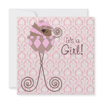 Pink Damask Pink Brown Baby Girl Shower Personalized Announcements
